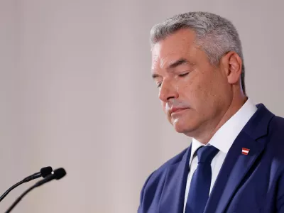 Head of Peoples Party (OEVP) and Chancellor Karl Nehammer addresses the media during the presentation of their election program in Vienna, Austria, September 5, 2024. REUTERS/Leonhard Foeger