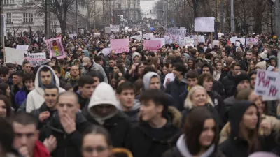 University students joined calls for a general strike after more than two months of protests over the collapse of a concrete canopy that killed 15 people more than two months ago, in Belgrade, Serbia, Friday, Jan. 24, 2025. (AP Photo/Darko Vojinovic)