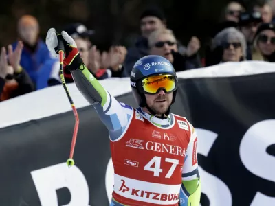 Alpine Skiing - FIS Alpine Ski World Cup - Men's Super G - Kitzbuehel, Austria - January 24, 2025 Slovenia's Miha Hrobat reacts after his run REUTERS/Leonhard Foeger