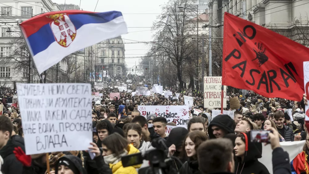 BELGRADE, SERBIA - JANUARY 24: Students and citizens block major intersections and roads for fifteen minutes to protest government investigations into the November train station incident that killed 15 people, in Belgrade, Serbia on January 24, 2025. The citizens expressed their displeasure with the investigation into the incident on Nov. 1, 2024, when a concrete canopy collapsed at a Novi Sad train station, killing 15 people and injuring two more. Filip Stevanovic / AnadoluNo Use USA No use UK No use Canada No use France No use Japan No use Italy No use Australia No use Spain No use Belgium No use Korea No use South Africa No use Hong Kong No use New Zealand No use Turkey