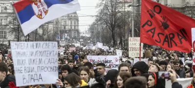 BELGRADE, SERBIA - JANUARY 24: Students and citizens block major intersections and roads for fifteen minutes to protest government investigations into the November train station incident that killed 15 people, in Belgrade, Serbia on January 24, 2025. The citizens expressed their displeasure with the investigation into the incident on Nov. 1, 2024, when a concrete canopy collapsed at a Novi Sad train station, killing 15 people and injuring two more. Filip Stevanovic / AnadoluNo Use USA No use UK No use Canada No use France No use Japan No use Italy No use Australia No use Spain No use Belgium No use Korea No use South Africa No use Hong Kong No use New Zealand No use Turkey