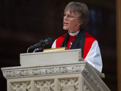 The Right Rev. Mariann Edgar Budde, bishop of Washington, delivers the Homily during a memorial service celebrating the life of Neil Armstrong at the Washington National Cathedral, Thursday, Sept. 13, 2012. Armstrong, the first man to walk on the moon during the 1969 Apollo 11 mission, died Saturday, Aug. 25. He was 82. Photo Credit:(NASA/Paul E. Alers)