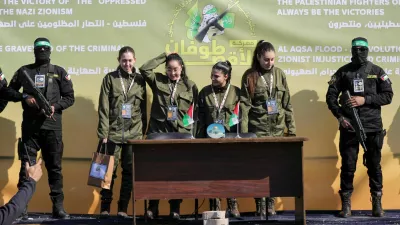 Four female Israeli soldiers, who had been held in Gaza since the deadly October 7, 2023 attack, are released by Hamas militants as part of a ceasefire and a hostages-prisoners swap deal between Hamas and Israel, in Gaza City, January 25, 2025. REUTERS/Dawoud Abu Alkas