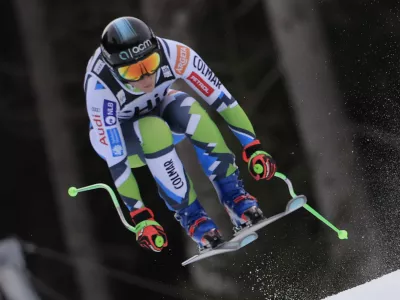 Slovenia's Ilka Stuhec speeds down the course during an alpine ski, women's World Cup downhill, in Garmisch, Germany, Saturday, Jan. 25, 2025. (AP Photo/Giovanni Maria Pizzato)