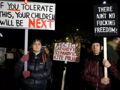  SENSITIVE MATERIAL. THIS IMAGE MAY OFFEND OR DISTURB Participants hold placards during a protest in front of the Interior Ministry demanding resignations after Cetinje mass murder rampage in Podgorica, Montenegro, January 5, 2025. REUTERS/Stevo Vasiljevic