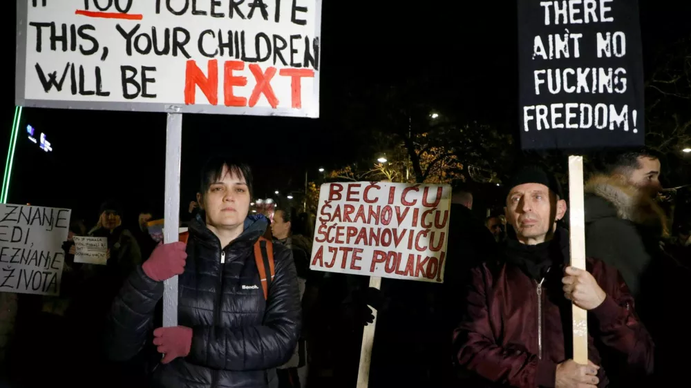  SENSITIVE MATERIAL. THIS IMAGE MAY OFFEND OR DISTURB Participants hold placards during a protest in front of the Interior Ministry demanding resignations after Cetinje mass murder rampage in Podgorica, Montenegro, January 5, 2025. REUTERS/Stevo Vasiljevic