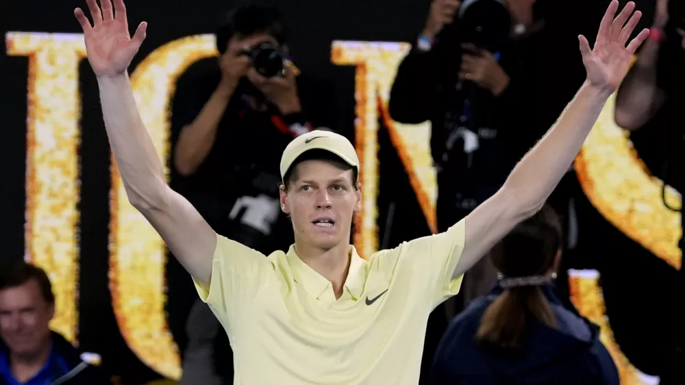 Jannik Sinner of Italy celebrates after defeating Alexander Zverev of Germany in the men's singles final at the Australian Open tennis championship in Melbourne, Australia, Sunday, Jan. 26, 2025. (AP Photo/Asanka Brendon Ratnayake)