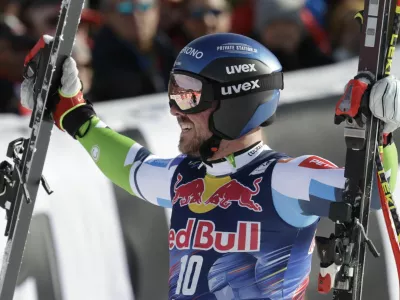 Alpine Skiing - FIS Alpine Ski World Cup - Men's Downhill - Kitzbuehel, Austria - January 25, 2025 Slovenia's Miha Hrobat reacts REUTERS/Leonhard Foeger