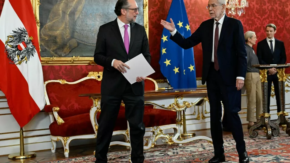 Austria's President Alexander Van der Bellen gestures next to designated Chancellor of the People's Party (OVP) Alexander Schallenberg at the swearing-in ceremony at Hofburg Palace in Vienna, Austria, January 10, 2025. REUTERS/Elisabeth Mandl