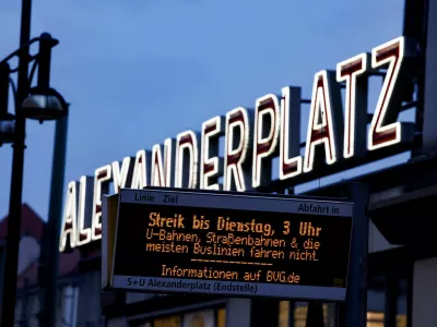 An information board at Alexander Platz station announces a strike of Berlin's municipal transport service BVG (Berliner Verkehrsbetriebe) in Berlin, Germany, January 27, 2025. REUTERS/Axel Schmidt 