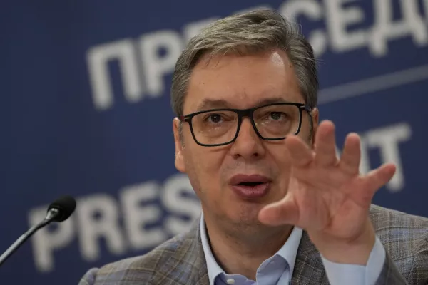 Serbian President Aleksandar Vucic speaks during a public address, a day after one of the biggest protests in years in Belgrade, Serbia, Sunday, Aug. 11, 2024. Vucic said earlier he had been tipped off by Russian intelligence services that a "mass unrest and a coup" were being prepared in Serbia by unspecified Western powers that wish to oust him from power. (AP Photo/Darko Vojinovic)