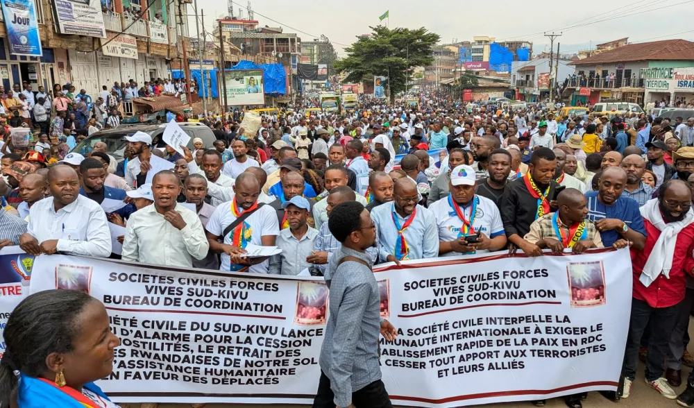 Congolese demonstrators attend a protest against Rwanda, amid tensions following a clash in Goma between M23 rebels and the Armed Forces of the Democratic Republic of the Congo (FARDC); in Bukavu, eastern Democratic Republic of Congo January 27, 2025. REUTERS/Victoire Mukenge