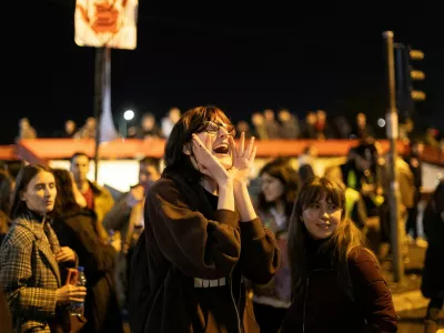 A demonstrator chants slogans as Belgrade University students participate in a 24-hour blockade of a major junction during a protest against what demonstrators claim are government policies, corruption, and negligence blamed for the deaths in the November 2024 Novi Sad railway station disaster, in Belgrade, Serbia, January 27, 2025. REUTERS/Djordje Kojadinovic