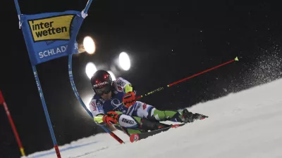 Croatia's Zan Kranjec speeds down the course during a men's World Cup giant slalom, in Schladming, Austria, Tuesday, Jan. 28, 2025. (AP Photo/Marco Trovati)