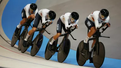 FILE PHOTO: Paris 2024 Olympics - Track Cycling - Men's Team Pursuit, Qualifying - Saint-Quentin-en-Yvelines Velodrome, Montigny-le-Bretonneux, France - August 05, 2024. Theo Reinhardt of Germany in second position with teammates Roger Kluge of Germany, Tim Torn Teutenberg of Germany and Tobias Buck-Gramcko of Germany. REUTERS/Agustin Marcarian/File Photo