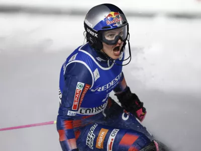 Croatia's Zrinka Ljutic celebrates in the finish area after winning a women's World Cup slalom, in Courchevel, France, Thursday Jan. 30, 2025. (AP Photo/Gabriele Facciotti)