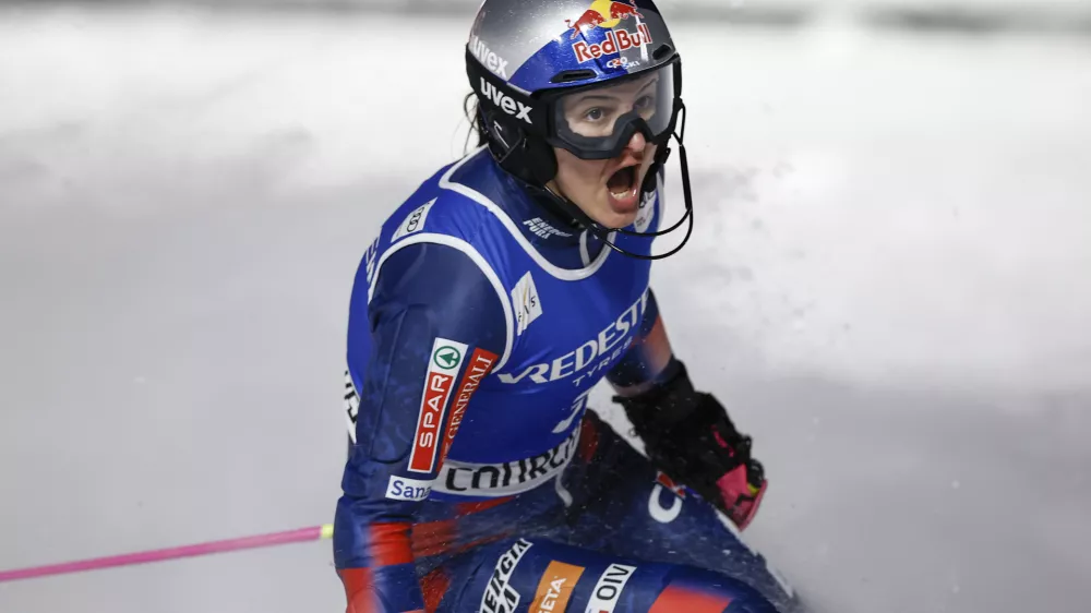 Croatia's Zrinka Ljutic celebrates in the finish area after winning a women's World Cup slalom, in Courchevel, France, Thursday Jan. 30, 2025. (AP Photo/Gabriele Facciotti)