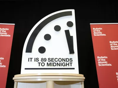 The Doomsday Clock is seen during a news conference after The Bulletin of the Atomic Scientists announced the location of the clock's minute hand, indicating what world developments mean for the perceived likelihood of nuclear catastrophe, at the U.S. Institute of Peace in Washington, U.S., January 28, 2025. REUTERS/Kevin Lamarque