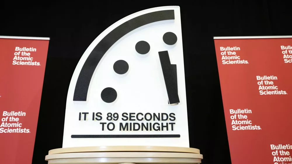 The Doomsday Clock is seen during a news conference after The Bulletin of the Atomic Scientists announced the location of the clock's minute hand, indicating what world developments mean for the perceived likelihood of nuclear catastrophe, at the U.S. Institute of Peace in Washington, U.S., January 28, 2025. REUTERS/Kevin Lamarque