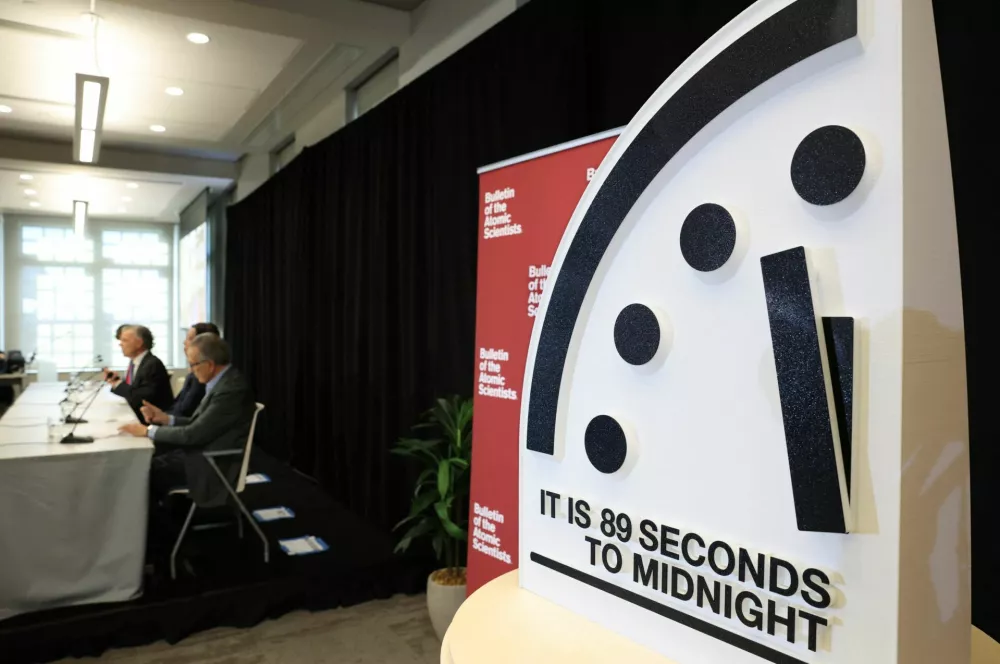 The Doomsday Clock is seen during a news conference after The Bulletin of the Atomic Scientists announced the location of the clock's minute hand, indicating what world developments mean for the perceived likelihood of nuclear catastrophe, at the U.S. Institute of Peace in Washington, U.S., January 28, 2025. REUTERS/Kevin Lamarque