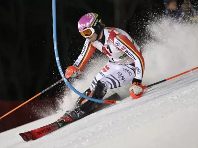 Germany's Linus Strasser competes during an alpine ski, men's World Cup slalom, in Schladming, Austria, Wednesday, Jan. 29, 2025. (AP Photo/Marco Trovati)