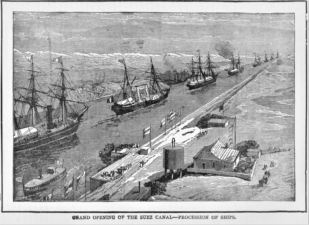 Suez Canal, built to connect the Mediterranean and Red seas, opens November 17, 1869 to navigation. Illustration published in Royal Manual by Henry Davenport Northrop (The Dallas Book Publishing Co.: Dallas, Texas) in 1891. Copyright expired; artwork is in Public Domain. / Foto: Christine_kohler