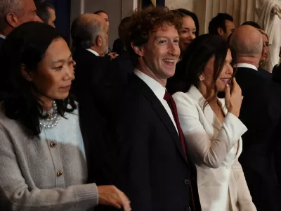 WASHINGTON, DC - JANUARY 20: Priscilla Chan, Meta and Facebook CEO Mark Zuckerberg, and Lauren S?nchez attend the inauguration of U.S. President-elect Donald Trump in the Rotunda of the U.S. Capitol on January 20, 2025 in Washington, DC. Donald Trump takes office for his second term as the 47th president of the United States.  Chip Somodevilla/Pool via REUTERS