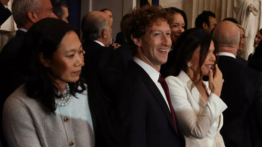 WASHINGTON, DC - JANUARY 20: Priscilla Chan, Meta and Facebook CEO Mark Zuckerberg, and Lauren S?nchez attend the inauguration of U.S. President-elect Donald Trump in the Rotunda of the U.S. Capitol on January 20, 2025 in Washington, DC. Donald Trump takes office for his second term as the 47th president of the United States.  Chip Somodevilla/Pool via REUTERS