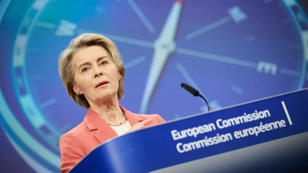 HANDOUT - 08 January 2024, Belgium, Brussels: EU Commission President, Ursula von der Leyen speaks during a joint press conference with EU Commission executive Vice-President for Prosperity and Industrial Strategy, Stephane Sejourne, following the weekly EU commission meeting in Brussels. Photo: Dati Bendo/European Commission/dpa - ATTENTION: editorial use only and only if the credit mentioned above is referenced in full