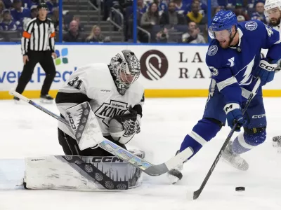 Los Angeles Kings goaltender David Rittich (31) makes a sve on a shot by Tampa Bay Lightning defenseman Darren Raddysh (43) during the second period of an NHL hockey game Thursday, Jan. 30, 2025, in Tampa, Fla. (AP Photo/Chris O'Meara)