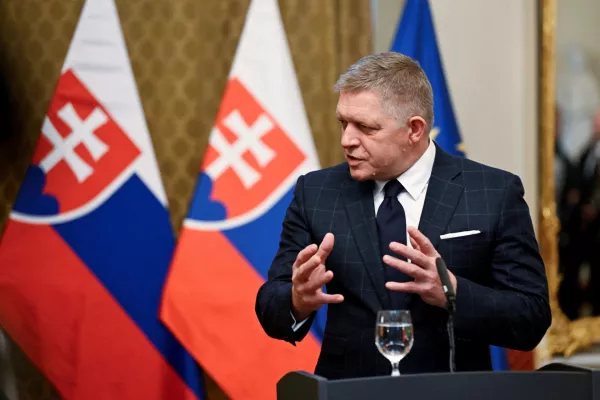 FILE PHOTO: Slovakia's Prime Minister Robert Fico attends a press conference with Hungary's Prime Minister Viktor Orban, in Bratislava, Slovakia, January 21, 2025. REUTERS/Radovan Stoklasa/File Photo