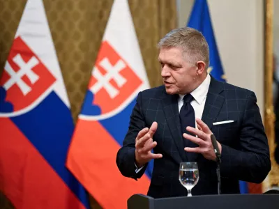 FILE PHOTO: Slovakia's Prime Minister Robert Fico attends a press conference with Hungary's Prime Minister Viktor Orban, in Bratislava, Slovakia, January 21, 2025. REUTERS/Radovan Stoklasa/File Photo