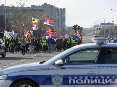 Serbian university students take part in a two-day 80-kilometre march from Belgrade to the site of a fatal railway station roof collapse, which happened in November 2024 in the city of Novi Sad, in Belgrade, Serbia, January 30, 2025. REUTERS/Djordje Kojadinovic