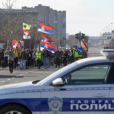 Serbian university students take part in a two-day 80-kilometre march from Belgrade to the site of a fatal railway station roof collapse, which happened in November 2024 in the city of Novi Sad, in Belgrade, Serbia, January 30, 2025. REUTERS/Djordje Kojadinovic