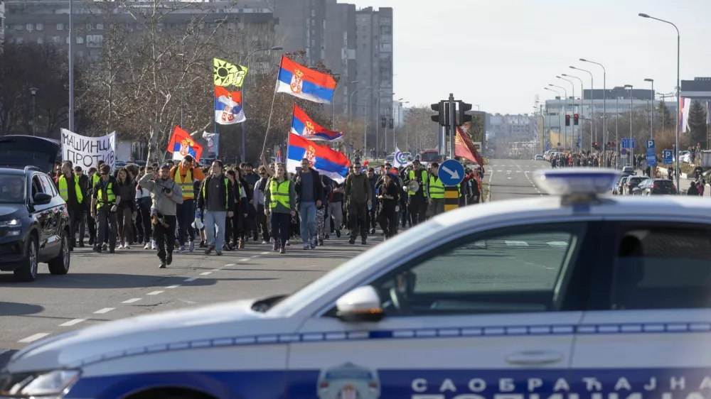 Serbian university students take part in a two-day 80-kilometre march from Belgrade to the site of a fatal railway station roof collapse, which happened in November 2024 in the city of Novi Sad, in Belgrade, Serbia, January 30, 2025. REUTERS/Djordje Kojadinovic