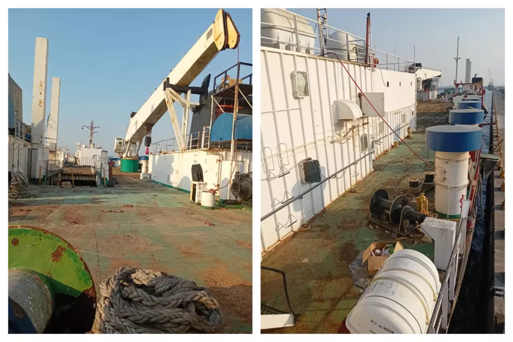 FILE - This combination of photos provided by Abdul Nasser Saleh shows the deck of the cargo ship Al-Maha, abandoned by its owners, at the seaport of Jeddah, Saudi Arabia, in January 2024. Saleh lived and worked on the Al-Maha for nearly a decade without pay. (Courtesy Abdul Nasser Saleh via AP, File)