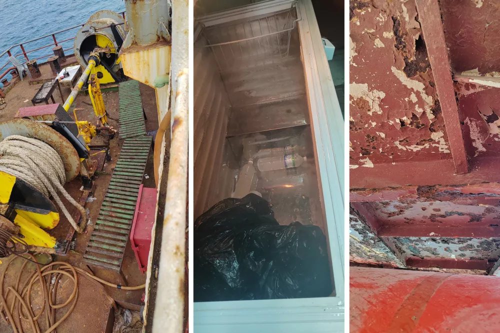 This combination of undated photos provided by the International Transport Workers' Federation shows conditions on board the Sister 12, a cargo ship whose workers say they haven't been paid in more than a year. More ships than ever are being abandoned around the world, according to the United Nations' labor and maritime organizations, leaving thousands of workers stuck on board without pay or the means to travel home. (ITF via AP)