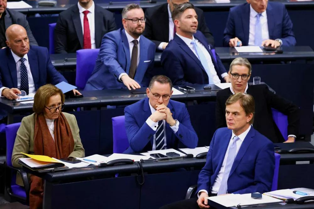 Co-leaders of the Alternative for Germany party (AfD) Alice Weidel and Tino Chrupalla react after the announcement of the voting results during a session of the lower house of parliament Bundestag, after Christian Democratic Party (CDU) party leader Friedrich Merz succeeded on Wednesday in getting a motion passed in parliament that calls for a migration crackdown, including the rejection of asylum seekers at the country's land borders, in Berlin, Germany, January 31, 2025. REUTERS/Nadja Wohlleben