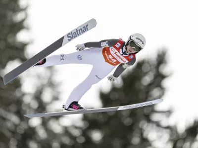 Nika Prevc from Slovenia competes in the women's Ski Jumping World Cup event at the Gross-Titlis Schanze, in Engelberg, Switzerland, Saturday, Dec. 21, 2024. (Philipp Schmidli/Keystone via AP)