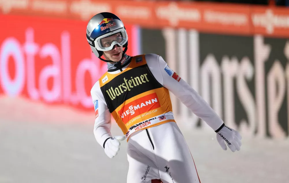 Ski Jumping - FIS Ski Jumping World Cup - Willingen, Germany - February 1, 2025 Austria's Daniel Tschofenig reacts after completing a jump during the Men's Individual HS147 first round REUTERS/Wolfgang Rattay