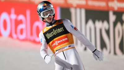 Ski Jumping - FIS Ski Jumping World Cup - Willingen, Germany - February 1, 2025 Austria's Daniel Tschofenig reacts after completing a jump during the Men's Individual HS147 first round REUTERS/Wolfgang Rattay