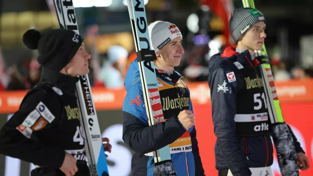 Ski Jumping - FIS Ski Jumping World Cup - Willingen, Germany - February 1, 2025 Austria's Daniel Tschofenig celebrates after winning the men's individual HS147 REUTERS/Wolfgang Rattay