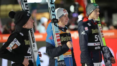 Ski Jumping - FIS Ski Jumping World Cup - Willingen, Germany - February 1, 2025 Austria's Daniel Tschofenig celebrates after winning the men's individual HS147 REUTERS/Wolfgang Rattay