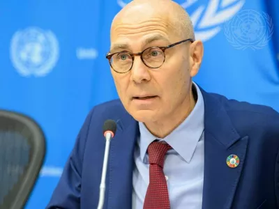 Volker Türk, United Nations High Commissioner for Human Rights, briefs reporters after he presented a report to the Third Committee at UN Headquarters.