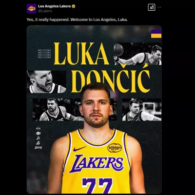ZDA, Los Angeles.Pozdravno sporocilo Luki Doncicu na uradnem X profilu Los Angeles Lakers.