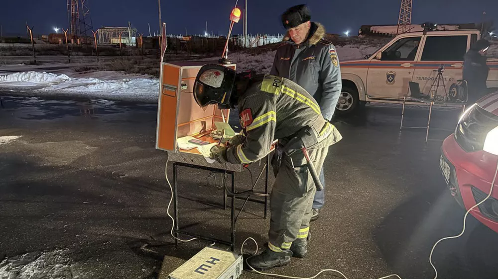 In this photo released by Governor of the Saratov region Roman Busargin telegram channel on Wednesday, Jan. 8, 2025, Firefighters and rescuers work at the industrial side damaged after Ukrainian drones' attack in Saratov, Russia. (Governor of the Saratov region Roman Busargin telegram channel via AP)