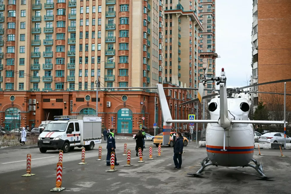 8850933 03.02.2025 A helicopter of the emergency services is seen at the site of an explosion in the Alye Parusa (Scarlet Sails) residential complex in northwestern Moscow, Russia. One person was killed and four others were injured in when an unidentified device exploded in the lobby of a building, emergency officials said.,Image: 959805632, License: Rights-managed, Restrictions: Editors' note: THIS IMAGE IS PROVIDED BY RUSSIAN STATE-OWNED AGENCY SPUTNIK., Model Release: no