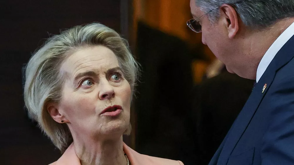 European Commission President Ursula von der Leyen and Croatia's Prime Minister Andrej Plenkovic speak as they attend an informal European Union leaders summit at Palais d'Egmont in Brussels, Belgium February 3, 2025. REUTERS/Yves Herman