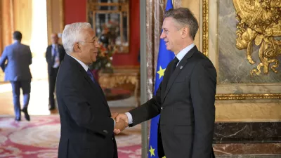 European Council President Antonio Costa, left, greets Slovenia's Prime Minister Robert Golob as he arrives for an EU summit at the Egmont Palace in Brussels, Monday, Feb. 3, 2025. (Nicolas Tucat, Pool Photo via AP)