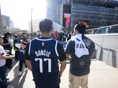 Feb 2, 2025; Dallas, Texas, USA; Dallas Mavericks fans gather at a mock funeral before the game between the Dallas Stars and the Columbus Blue Jackets at American Airlines Center to protest the trade of Mavericks point guard Luka Doncic to the Los Angeles Lakers. Mandatory Credit: Jerome Miron-Imagn Images